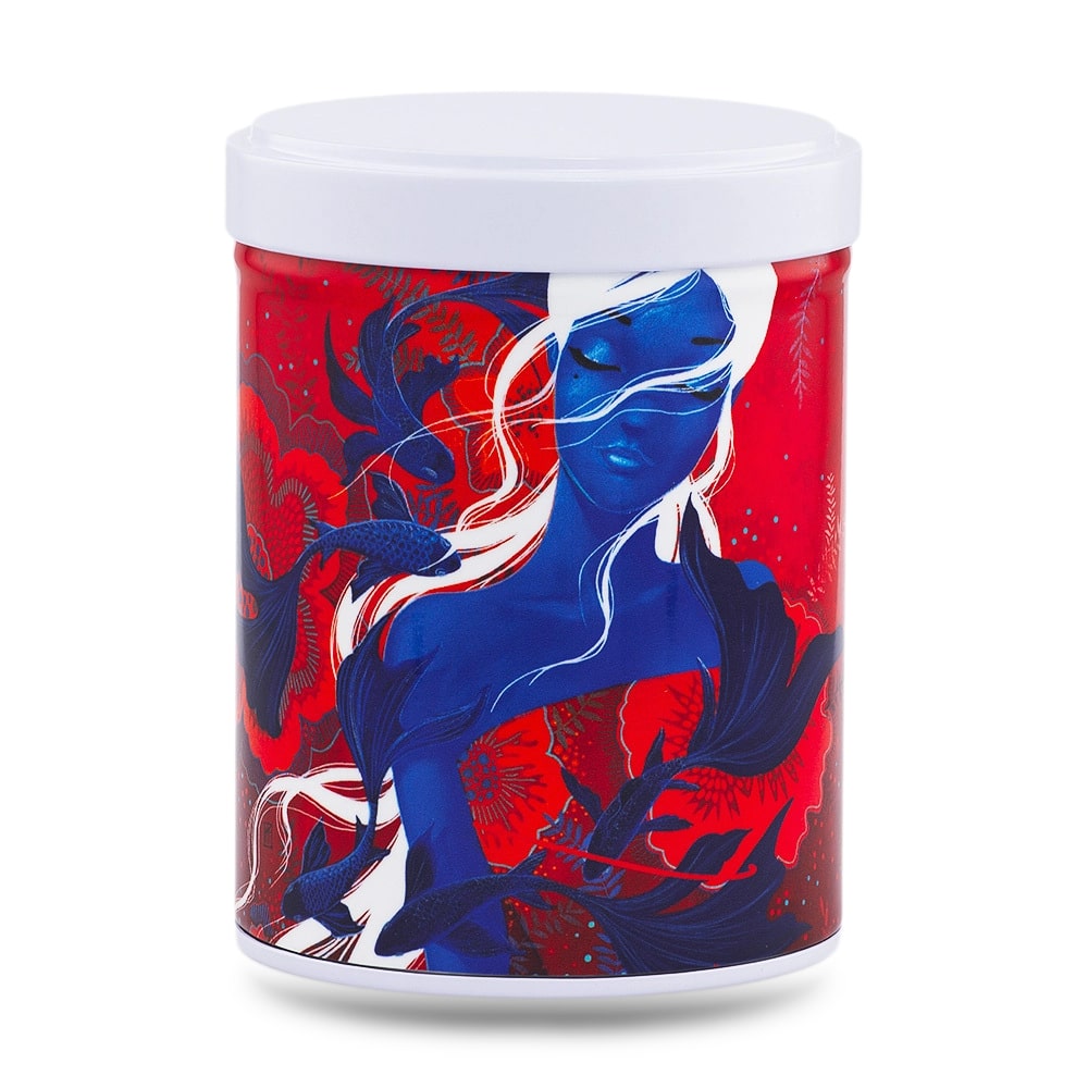 boîte à thé japonaise empilable 100g illustrée Power Fish motif poisson coloré style japonais avec couvercle blanc