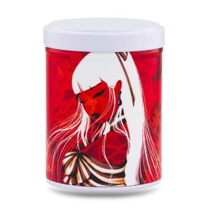 B-227-boite-the-illustree-honoka-1 boîte à thé japonaise empilable 100g illustrée Honoka motif fleurs de cerisier blanches sur fond sombre avec couvercle blanc
