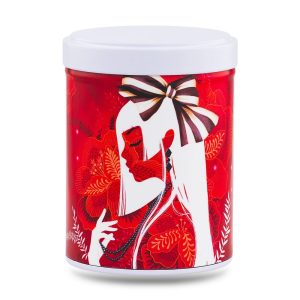 B-228-boite-the-illustree-hina-1 boîte à thé japonaise empilable 100g illustrée Hina motif floral japonais rouge et doré avec couvercle blanc