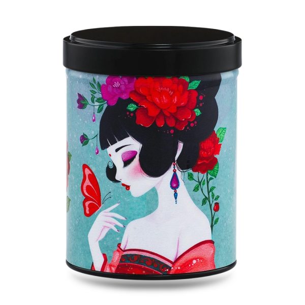 B-231-boite-the-illustree-ayaka-1 boîte à thé japonaise empilable 100g illustrée Ayaka motif fleurs pastel et dorures avec couvercle noir