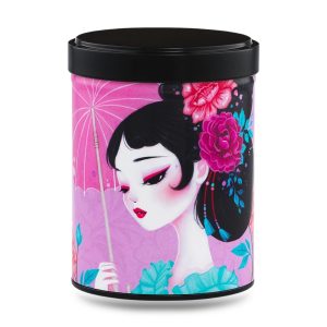 boîte à thé japonaise empilable 100g illustrée Yuzuki motif floral violet et doré avec couvercle noir