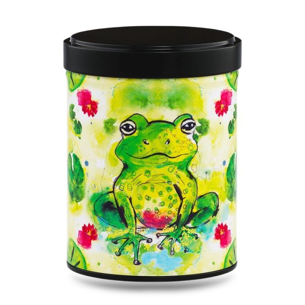 boîte à thé japonaise empilable 100g illustrée Grenouille Zen motif grenouille méditant sur nénuphar avec couvercle noir