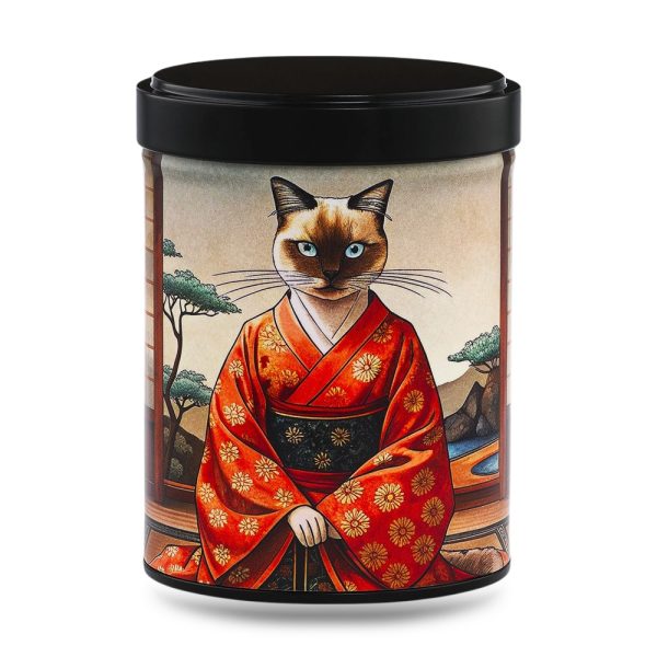 boîte à thé japonaise empilable 100g illustrée Mao Mao motif chats joueurs sur fond pastel avec couvercle noir