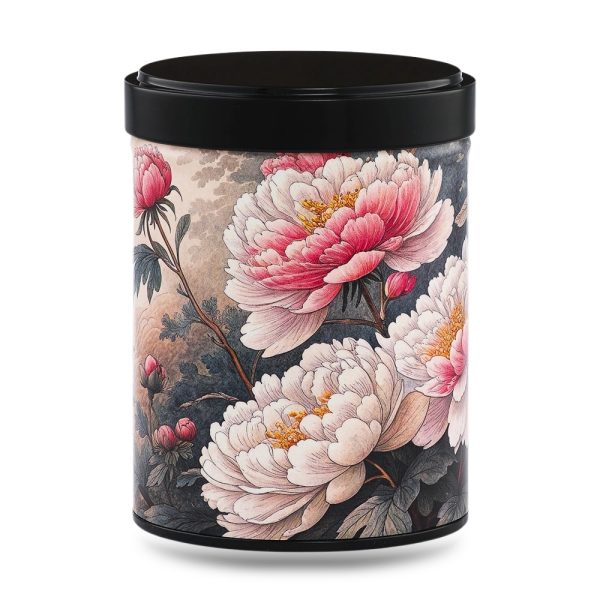 B-237-boite-the-illustree-botan boîte à thé japonaise empilable 100g illustrée Botan motif pivoines roses et rouges avec couvercle noir