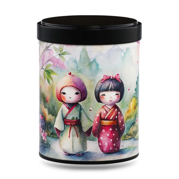 boîte à thé japonaise empilable 100g illustrée Aijin motif floral rouge et doré avec couvercle noir