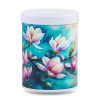 boîte à thé japonaise empilable 100g illustrée Mokuren motif magnolias blancs et roses avec couvercle noir