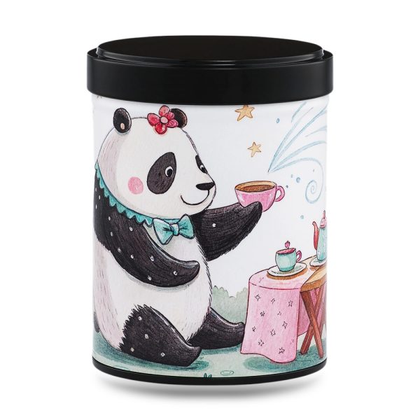 B-241-boite-the-illustree-panda-cha boîte à thé japonaise empilable 100g illustrée Panda Cha motif pandas noirs et blancs au milieu du bambou avec couvercle noir