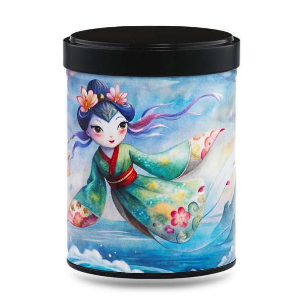 B-242-boite-the-illustree-miss-koinobori boîte à thé japonaise empilable 100g illustrée Miss Koinobori motif carpes volantes colorées avec couvercle noir