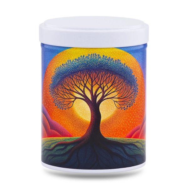 B-243-boite-the-illustree-arbre-de-vie boîte à thé japonaise empilable 100g illustrée Arbre de Vie motif arbre coloré sur fond bleu avec couvercle blanc