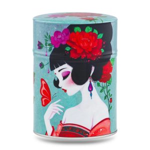 boîte à thé japonaise traditionnelle 100g illustrée Ayaka motif fleurs pastel et dorures
