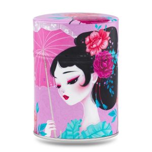 boîte à thé japonaise traditionnelle 100g illustrée Yuzuki motif floral violet et doré