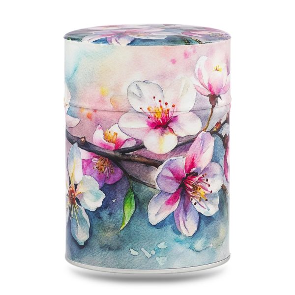 C-212-boite-the-illustree-C-cherry-blossom boîte à thé japonaise traditionnelle 100g illustrée Cherry Blossom motif fleurs de cerisier roses sur fond blanc