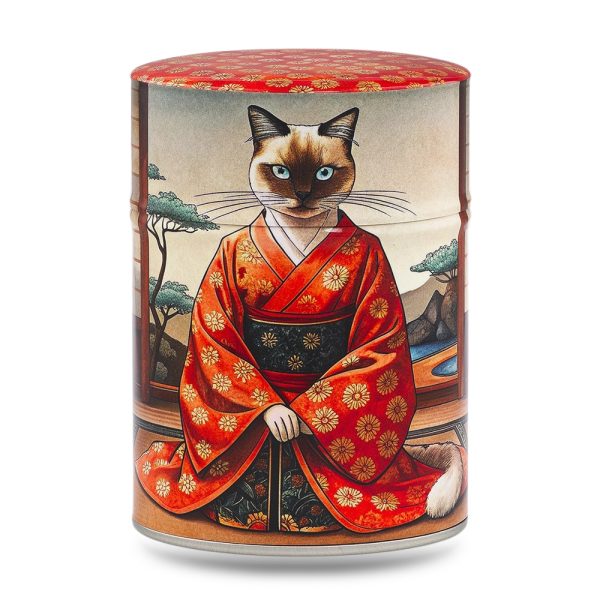 boîte à thé japonaise traditionnelle 100g illustrée Mao Mao motif chats joueurs sur fond pastel
