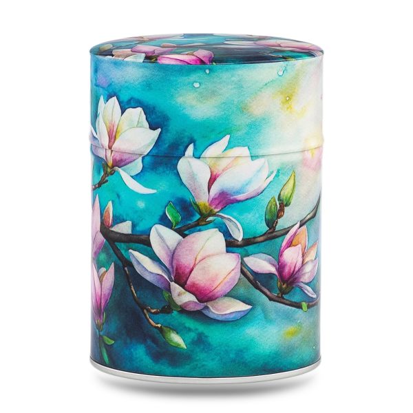 boîte à thé japonaise traditionnelle 100g illustrée Mokuren motif magnolias blancs et roses