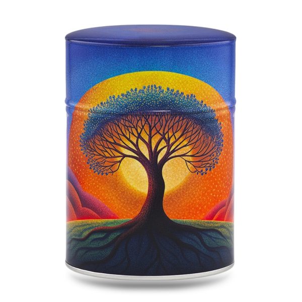 boîte à thé japonaise traditionnelle 100g illustrée Arbre de Vie motif arbre multicolore sur fond bleu