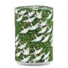 Boîte à thé artisanale Seicho 100 g, recouverte de papier washi vert décoré de grues blanches, couvercle assorti décoré.