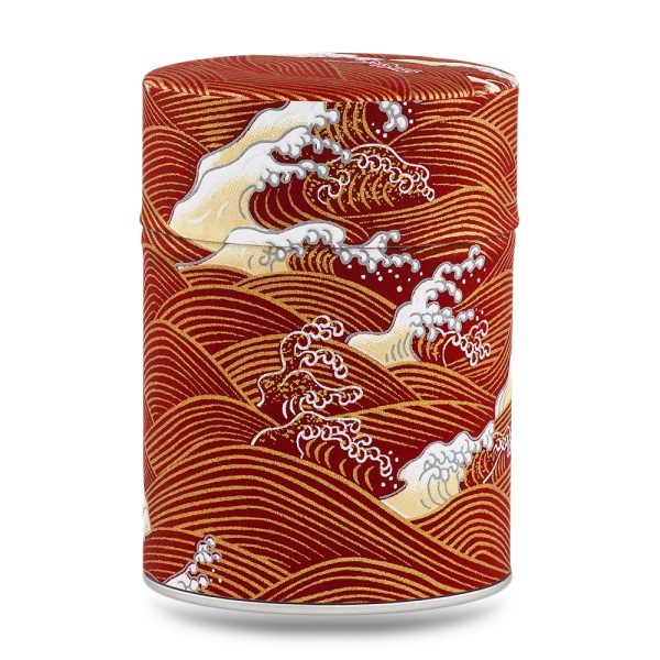 D-244-boite-the-washi-gobo Boîte à thé artisanale Gobo 100 g, recouverte de papier washi rouge vif décoré de vagues blanches et dorées, couvercle assorti décoré.