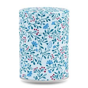 Boîte à thé artisanale Uchiko 100 g, recouverte de papier washi clair décoré de fleurs rouges stylisées, couvercle assorti décoré.