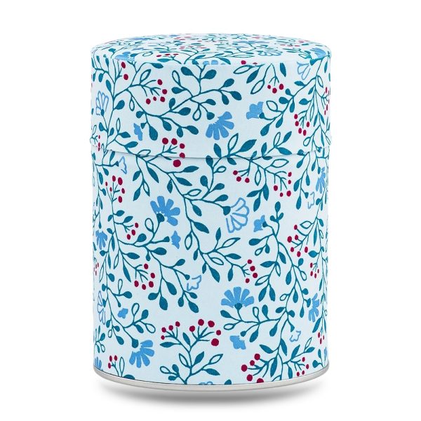 D-251-boite-the-washi-uchiko Boîte à thé artisanale Uchiko 100 g, recouverte de papier washi clair décoré de fleurs rouges stylisées, couvercle assorti décoré.