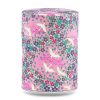 Boîte à thé artisanale Masuda 100 g, recouverte de papier washi rose orné de grues blanches et de petites fleurs violettes, couvercle assorti décoré.