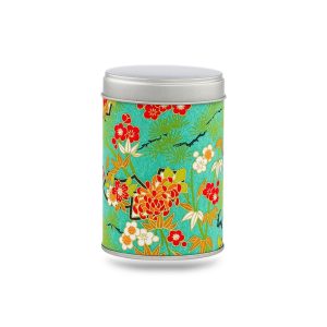 boîte à thé Yatsumi 50 g washi turquoise motif sakura et pins, couvercle argenté