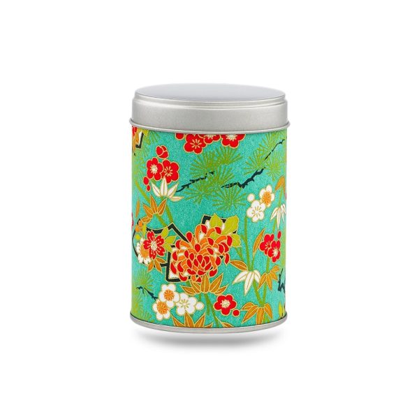 boîte à thé Yatsumi 50 g washi turquoise motif sakura et pins, couvercle argenté