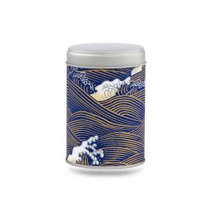 boîte à thé Kurotaki 50 g en papier washi bleu marine motif vagues dorées