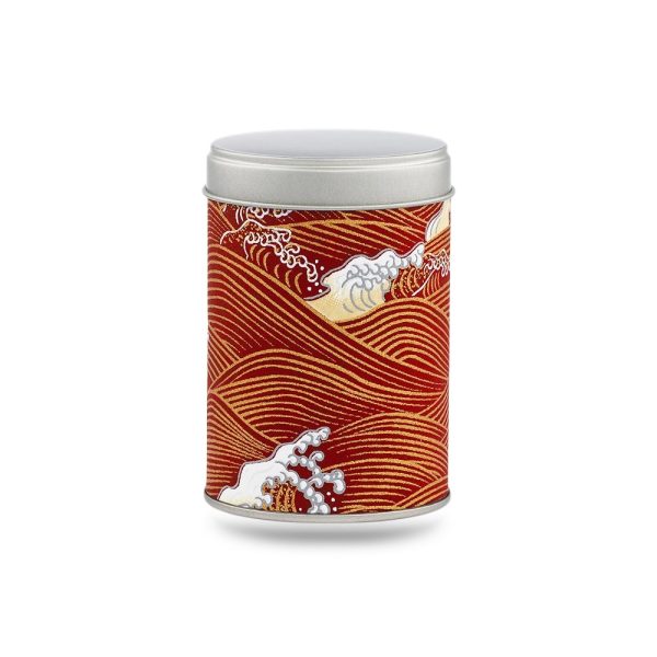 boîte à thé Gobo 50 g washi rouge motif vagues japonaises dorées et blanches, couvercle argenté