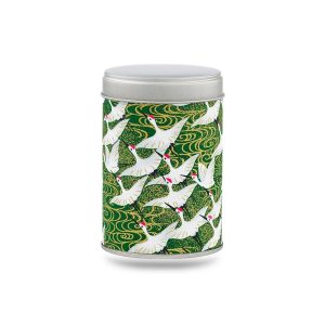 boîte à thé Seicho 50 g washi vert motif grues blanches, couvercle argenté