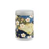 boîte à thé Mihama 50 g washi bleu-kaki motif sakura sur éventails, couvercle argenté