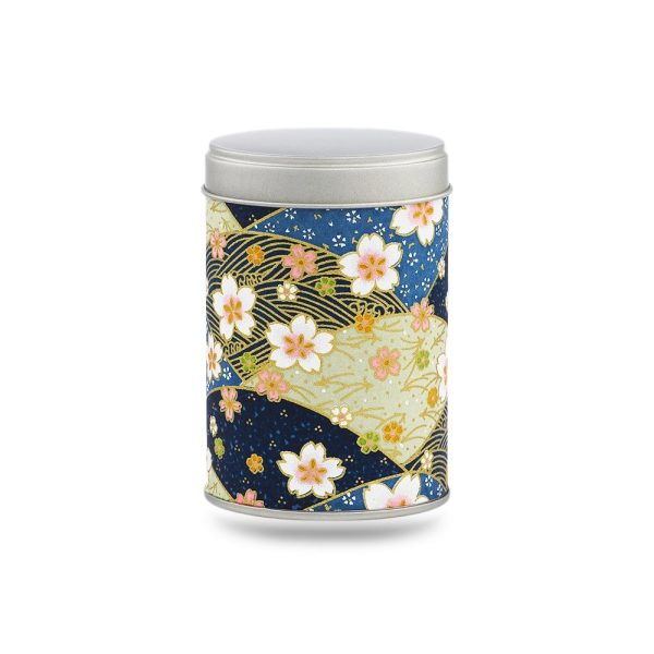 boîte à thé Mihama 50 g washi bleu-kaki motif sakura sur éventails, couvercle argenté