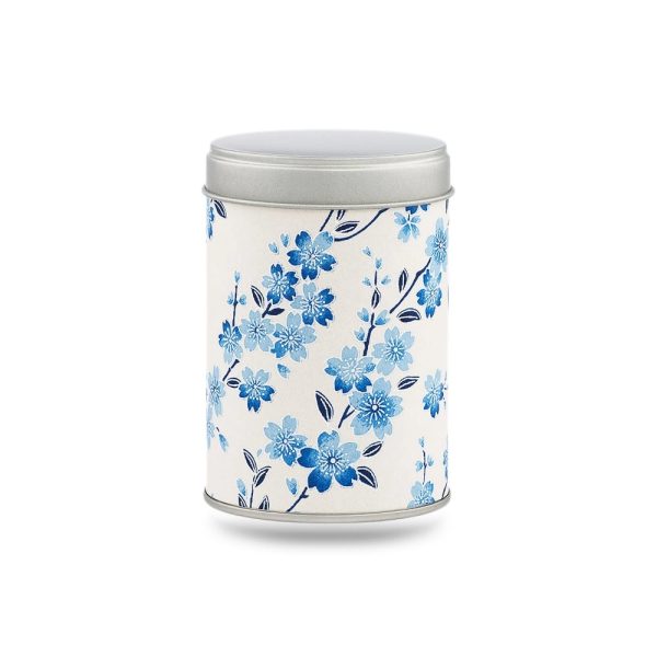boîte à thé Hidaka 50 g washi ivoire motif branches de cerisier bleues, couvercle argenté