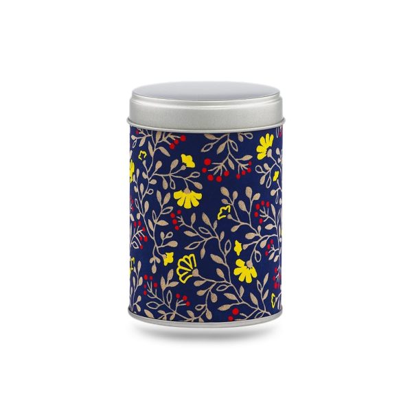 H-012-petite-boite-the-washi-imabari-1 boîte à thé Imabari 50 g washi bleu nuit fleurettes jaunes et baies rouges, couvercle argenté