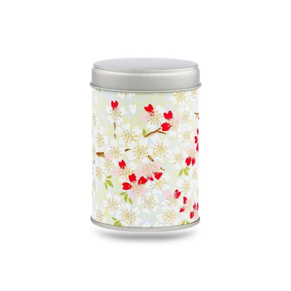 boîte à thé Yanai 50 g washi bleu pâle motif sakura blanches touches rouges, couvercle argenté