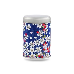 boîte à thé Kawazu 50 g washi bleu nuit motif sakura blanches et touches rouges, couvercle argenté