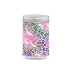 boîte à thé Masuda 50 g en papier washi rose motif grues blanches et fleurs violettes