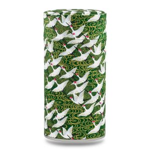 boîte à thé traditionnelle Seicho 150 g washi vert motif grues blanches, couvercle décoré