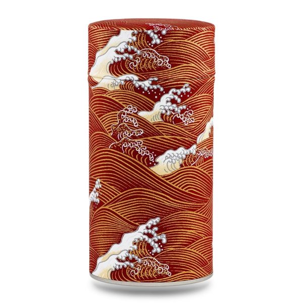boîte à thé traditionnelle Gobo 150 g washi rouge motif vagues japonaises blanches et dorées, couvercle décoré