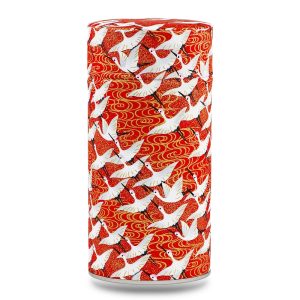 boîte à thé traditionnelle Minabe 150 g washi rouge motif grues blanches, couvercle décoré