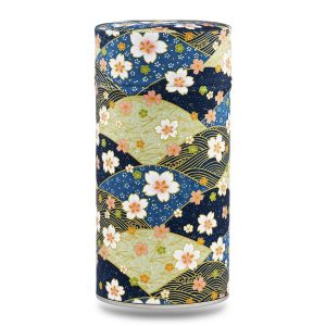 boîte à thé traditionnelle Mihama 150 g washi bleu-kaki motif sakura sur éventails, couvercle décoré