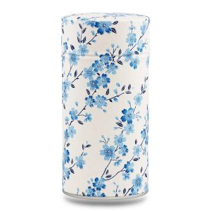 boîte à thé traditionnelle Hidaka 150 g washi ivoire motif branches de cerisier bleues, couvercle décoré