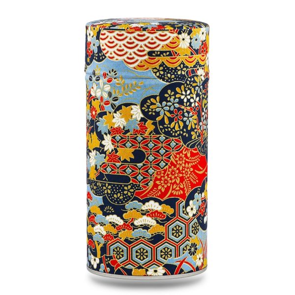 boîte à thé traditionnelle Sanuki 150 g washi multicolore motif fleurs et nuages, couvercle décoré