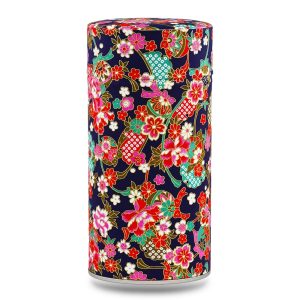 boîte à thé traditionnelle Sanuki 150 g washi multicolore motif fleurs et nuages, couvercle décoré