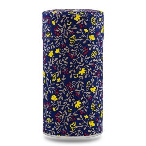 boîte à thé traditionnelle Imabari 150 g washi bleu nuit motif fleurs jaunes et baies rouges, couvercle décoré