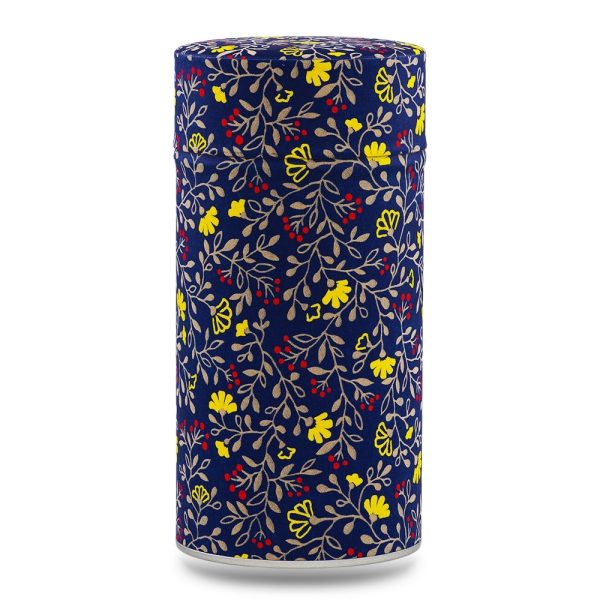 boîte à thé traditionnelle Imabari 150 g washi bleu nuit motif fleurs jaunes et baies rouges, couvercle décoré