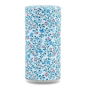 boîte à thé traditionnelle Uchiko 150 g washi bleu clair motif fleurs rouges, couvercle décoré