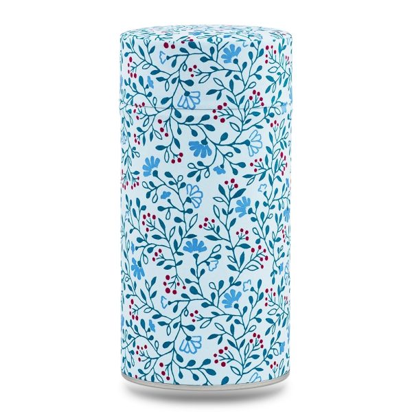 boîte à thé traditionnelle Uchiko 150 g washi bleu clair motif fleurs rouges, couvercle décoré