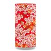 boîte à thé traditionnelle Kihoku 150 g washi rouge motif fleurs blanches et dorées, couvercle décoré