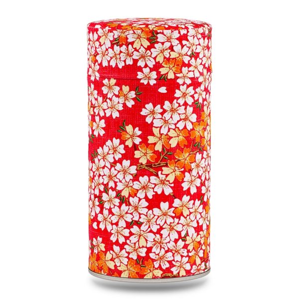 boîte à thé traditionnelle Kihoku 150 g washi rouge motif fleurs blanches et dorées, couvercle décoré