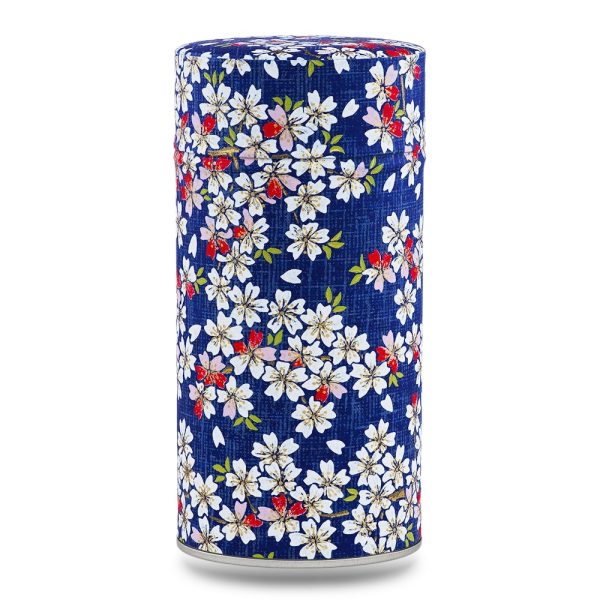 boîte à thé traditionnelle Kawazu 150 g washi bleu nuit motif sakura blanches touches